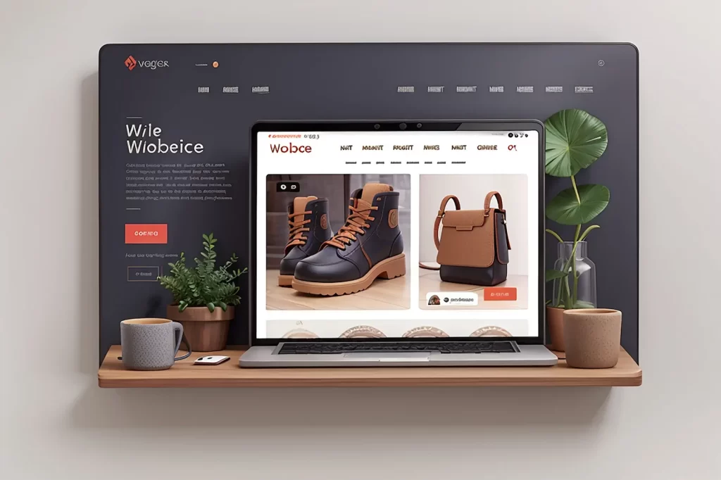 Interfaz WooCommerce mostrando catálogo de botas y bolsos en laptop, ejemplo de diseño de tienda en línea 2025.