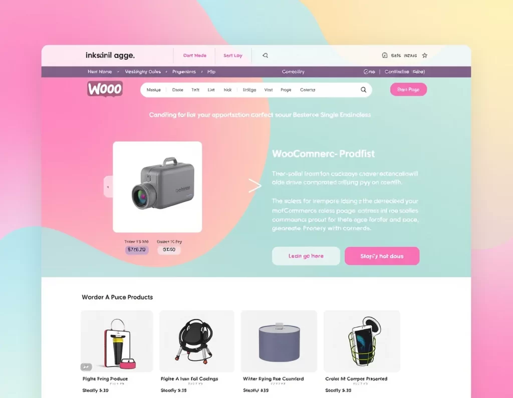 Plantilla de producto WooCommerce colorida con gadgets, muestra opciones de personalización y SEO para tiendas online.