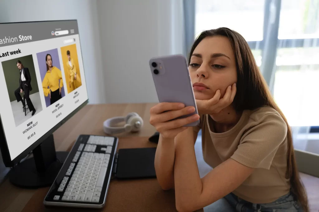 Compradora revisando su tienda Shopify en móvil frente al escritorio, reflejo de experiencia omnicanal para ecommerce 2025.