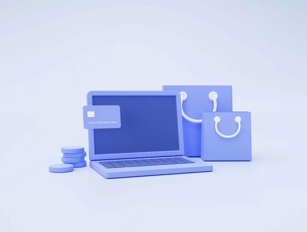 Mockup minimalista azul de laptop, móvil y bolsa representando diseño de tienda en línea en Shopify 2025.